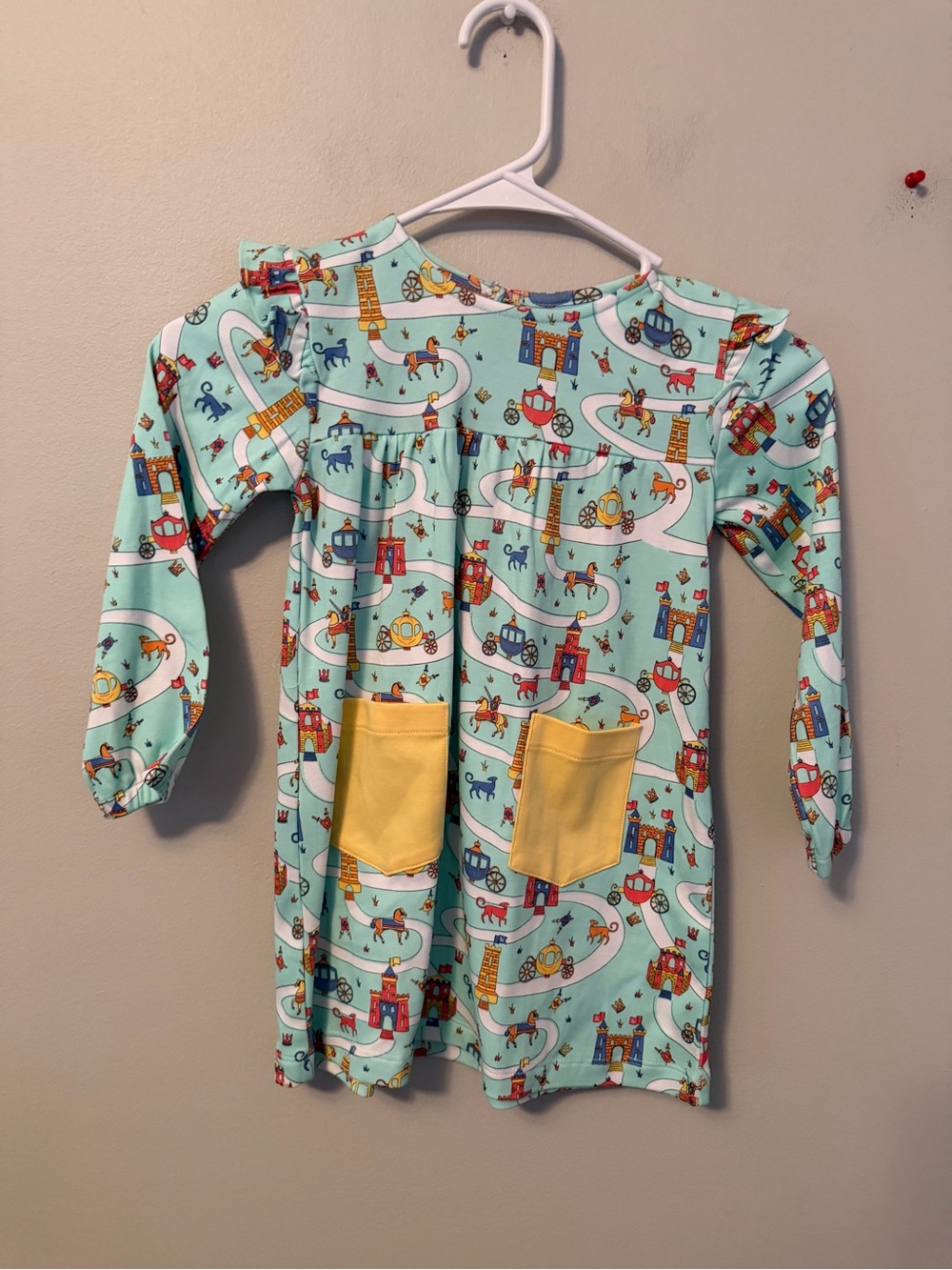 Bella Bliss Castle Print Long-Sleeve Dress with Yellow Pockets